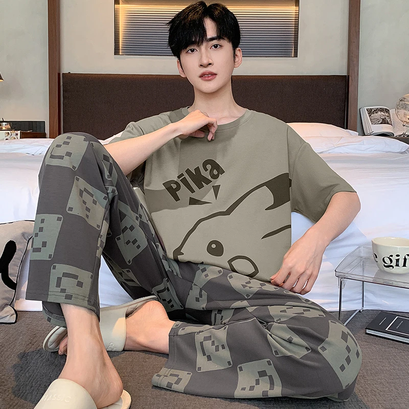 男士夏季睡衣纯棉短袖长裤青少年全棉大码男款夏天薄款家居服套装