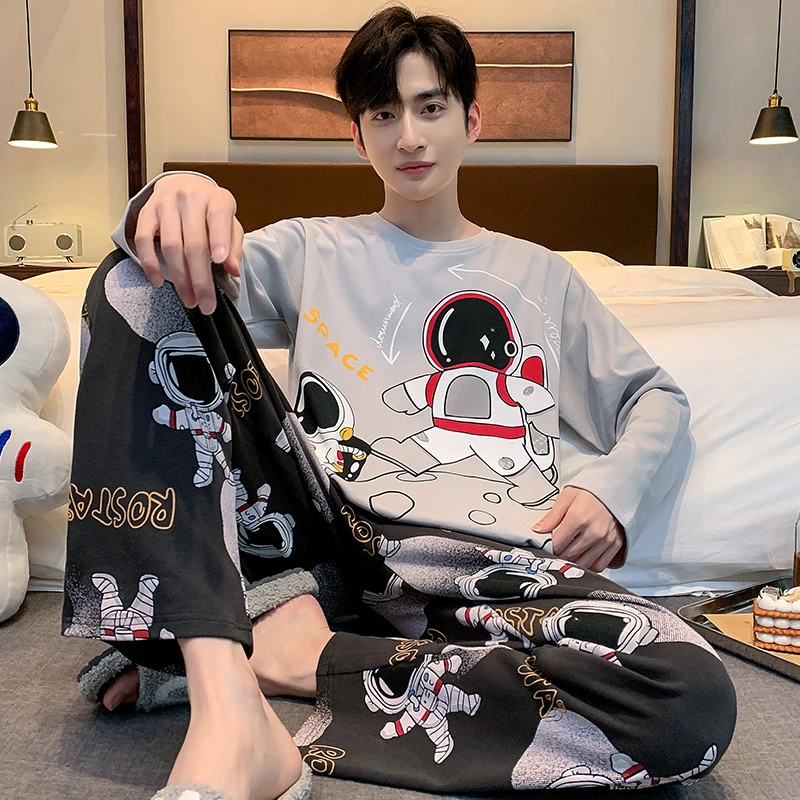 睡衣男士长袖纯棉秋冬季薄款卡通男款学生青少年加大码家居服套装