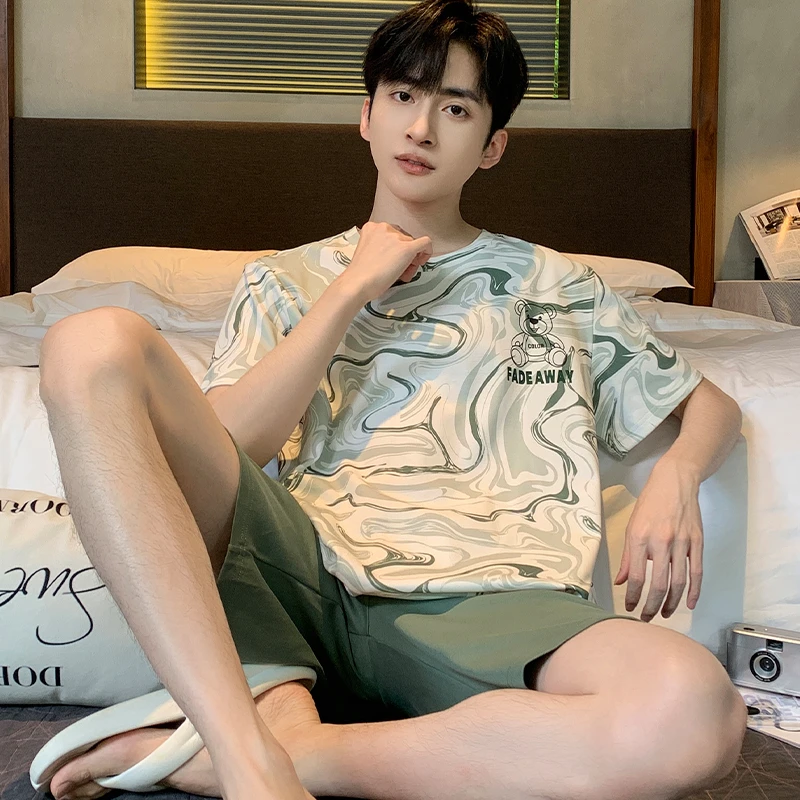 男士睡衣夏季纯棉短袖短裤卡通青少年夏天大码男款学生家居服套装