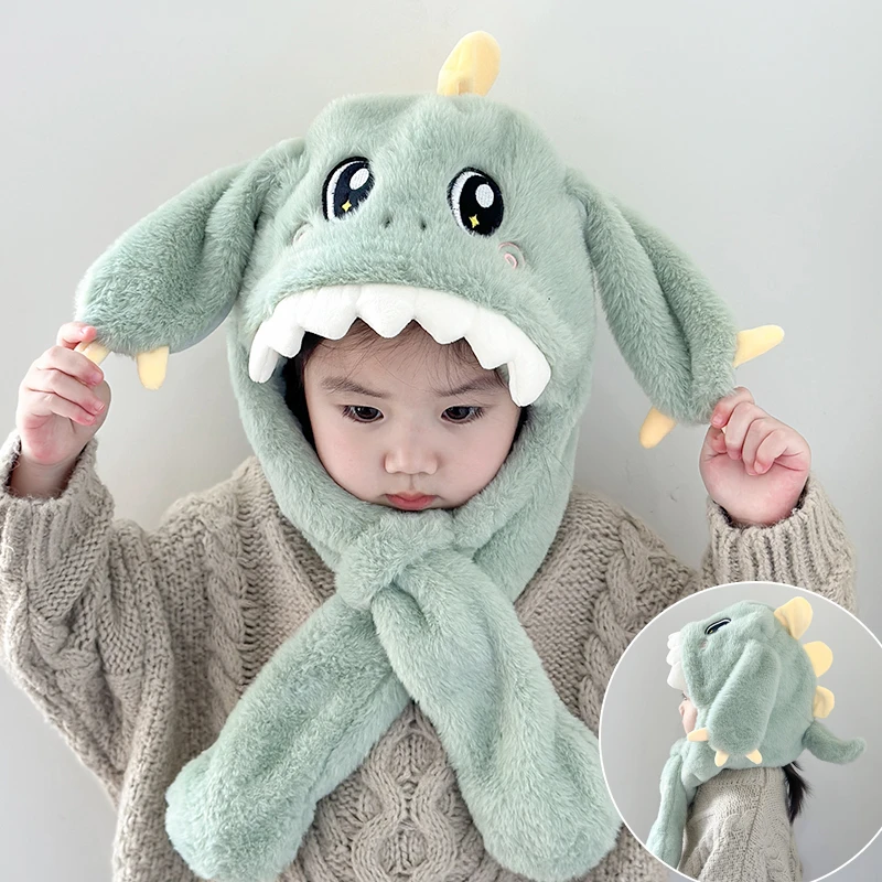 儿童帽子围巾一体恐龙耳朵会动男女童冬季毛绒保暖加厚宝宝护耳帽