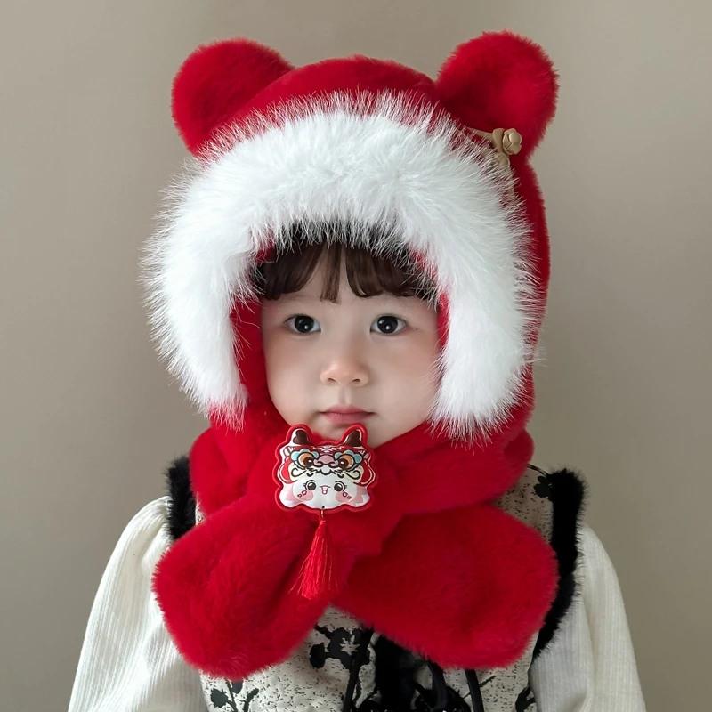 儿童毛绒一体帽冬季男女童加厚保暖国风套头帽宝宝围巾两件套护耳