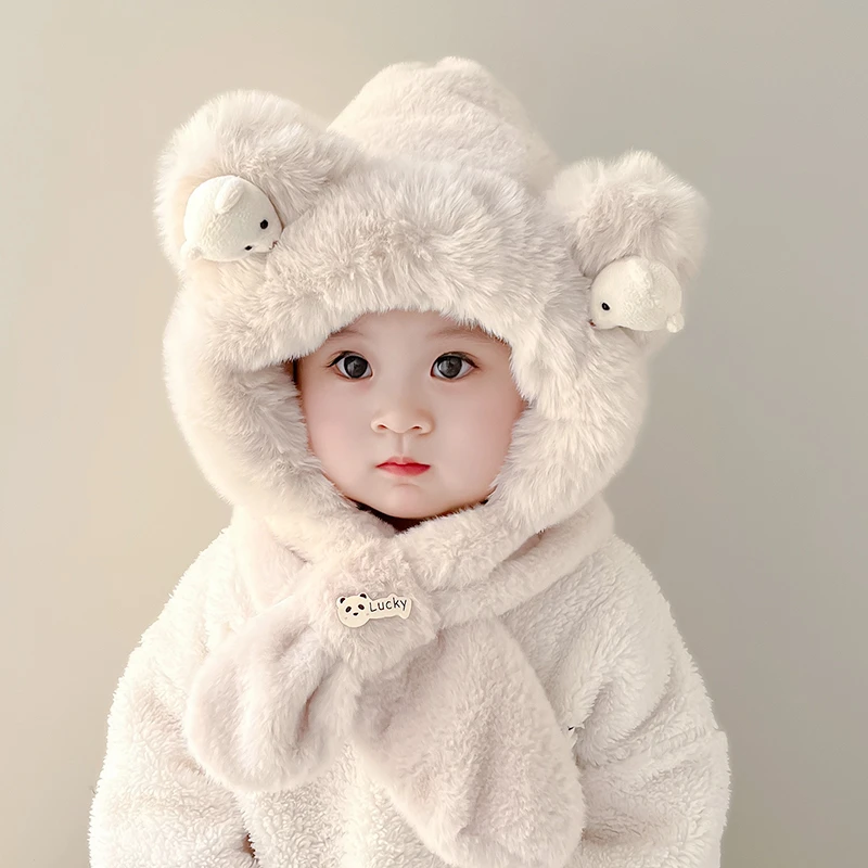 宝宝帽子围脖冬季毛绒一体帽两件套可爱防风男童女婴幼儿加绒护耳