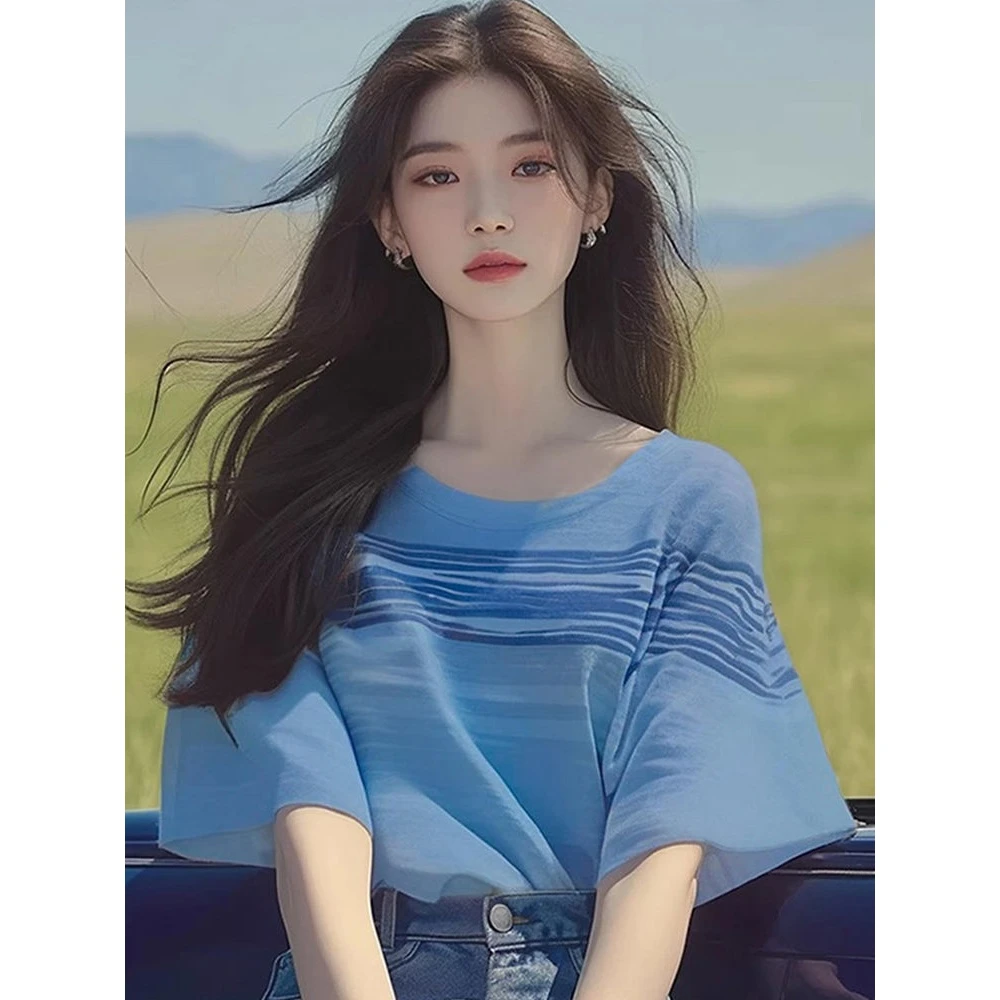 韩版设计感蓝色条纹冰丝短袖T恤夏季小众百搭超好看减龄洋气上衣