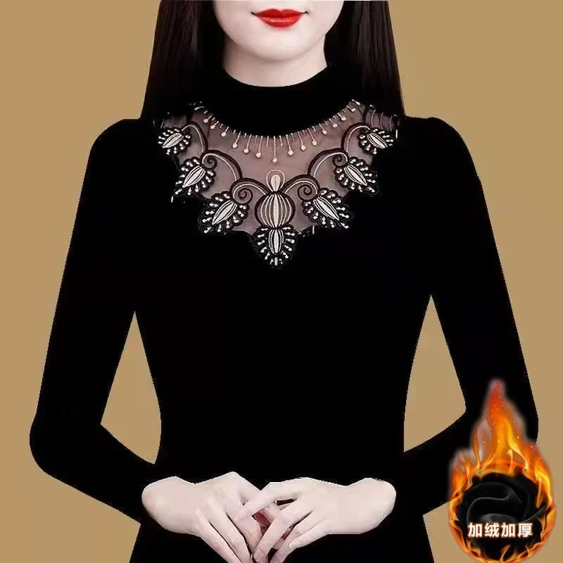 半高领打底衫女新款洋气高贵小衫蕾丝秋冬天加绒加厚内搭长袖上衣