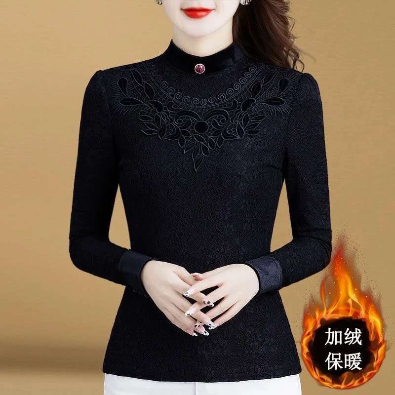 半高领高档女士打底衫秋冬季新款中年女装加绒厚保暖长袖蕾丝小衫