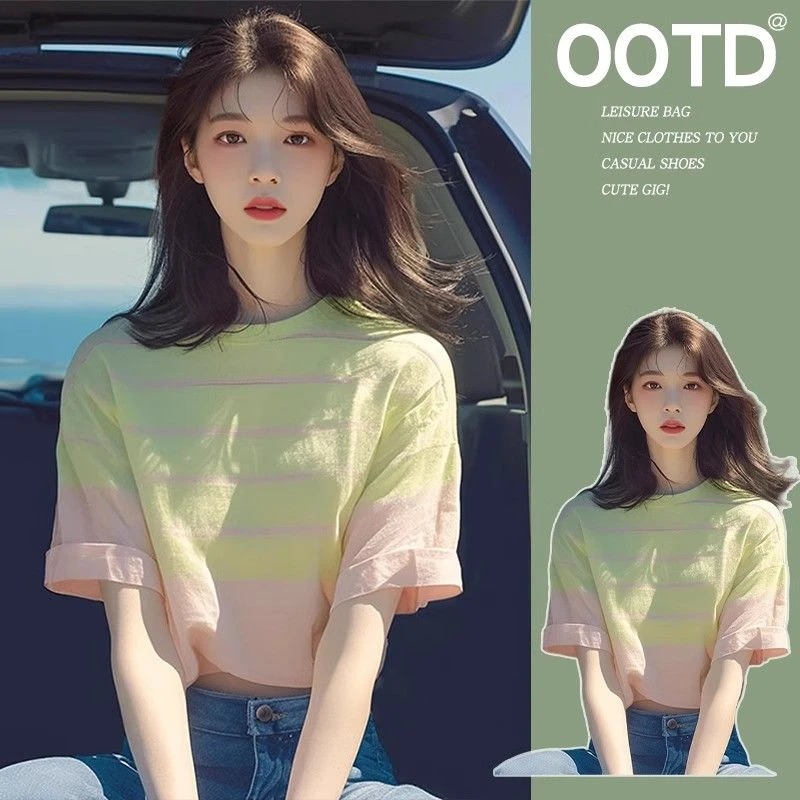 多巴胺减龄洋气超好看上衣夏季爆款宽松显瘦休闲撞色条纹短袖T恤