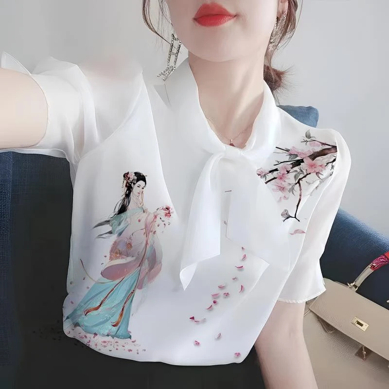 印花短袖t恤女小衫夏季新款百搭显瘦上衣韩版洋气减龄遮肚雪纺衫