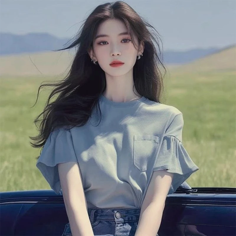 雾霾蓝短袖T恤女夏季2024新款别致超圆领减龄洋气显瘦荷叶边上衣