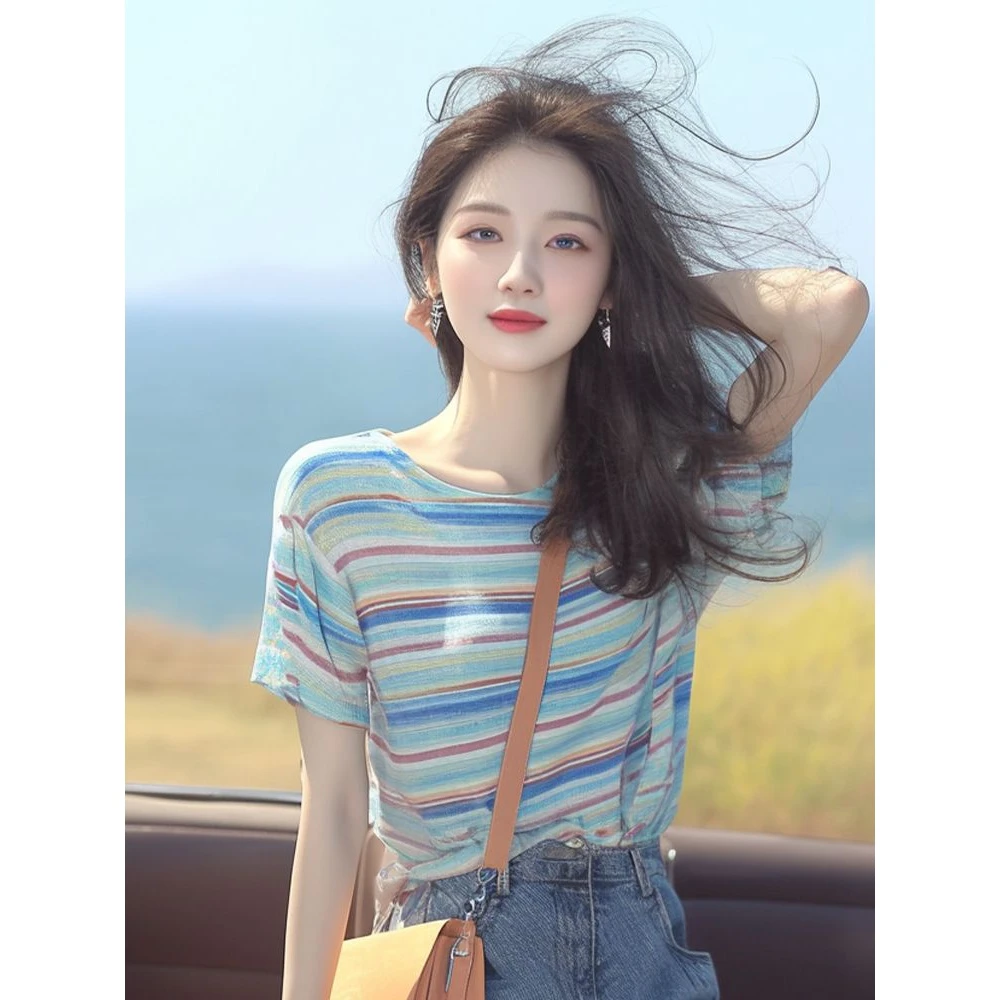 洋气减龄独特超好看别致绝美漂亮上衣宽松显瘦遮肚条纹短袖T恤女