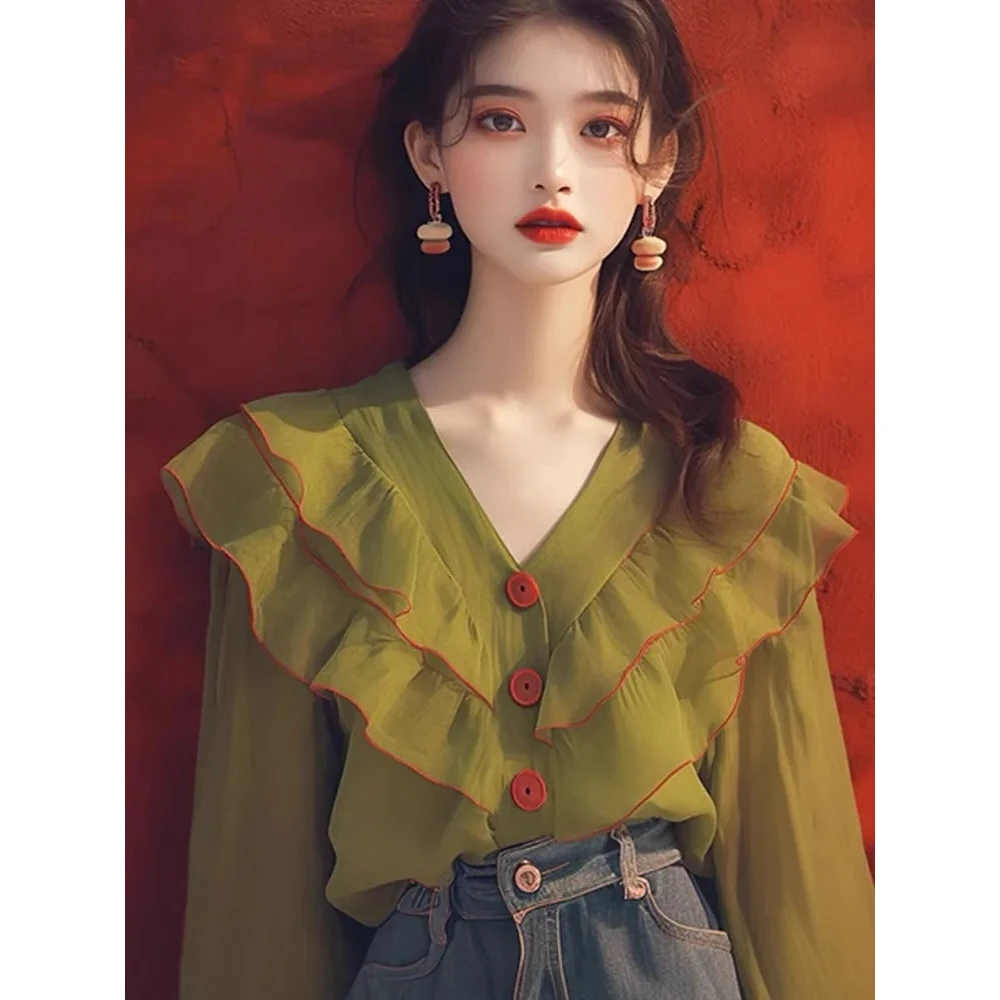 韩系2024秋季新款绿色V领荷叶边长袖雪纺衬衫女别致独特宽松上衣