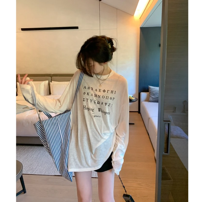 时尚字母印花T恤长袖防晒衣女夏季宽松薄款慵懒风极简风简约显瘦