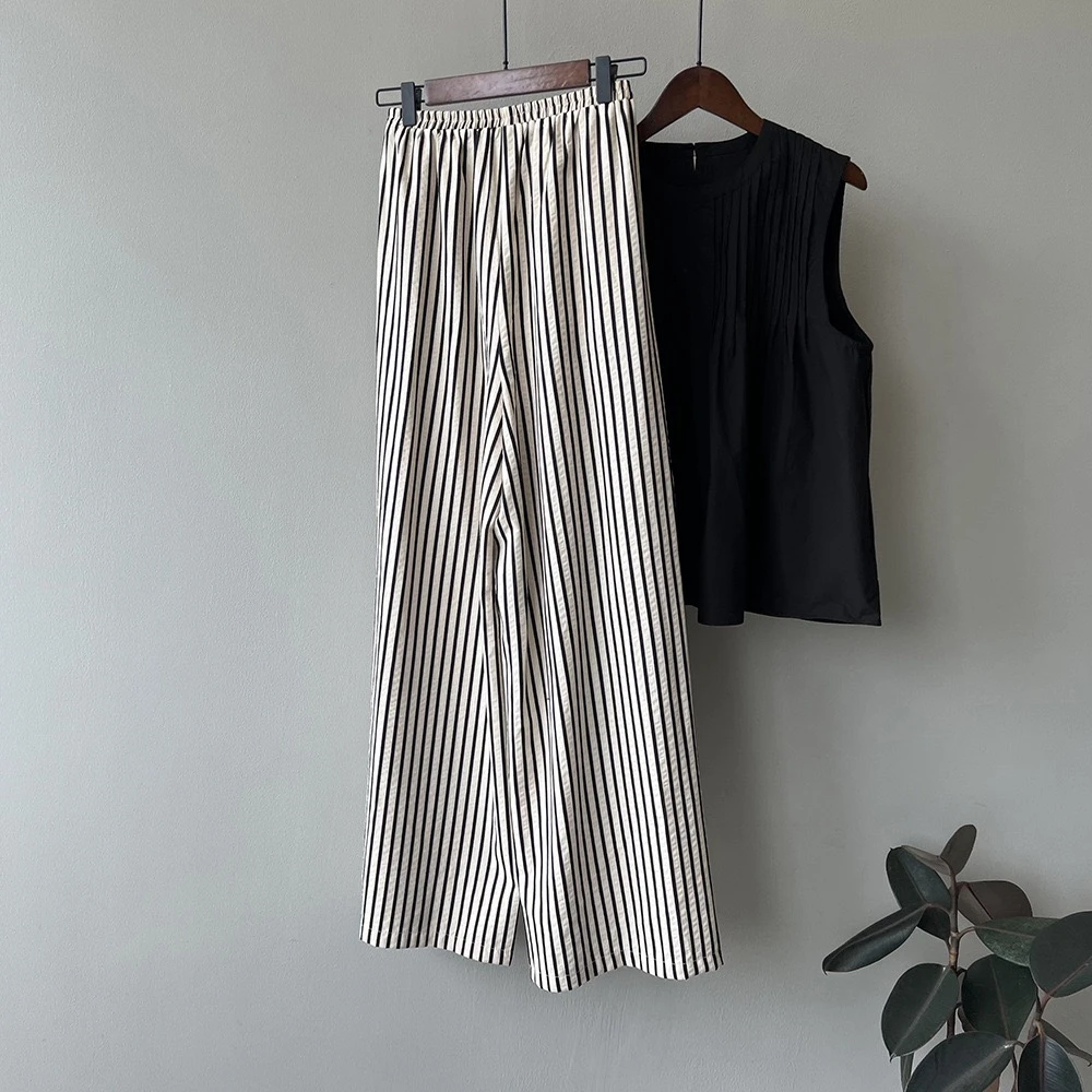 韩系竖条纹休闲裤女夏季宽松百搭松紧腰肌理感阔腿直筒宽松长裤子