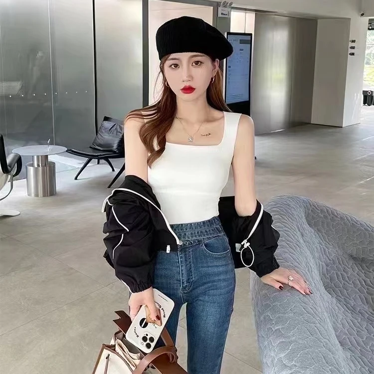 2024 方领背心女打底内搭冰丝美背文胸吊带一体内衣外穿夏季白色