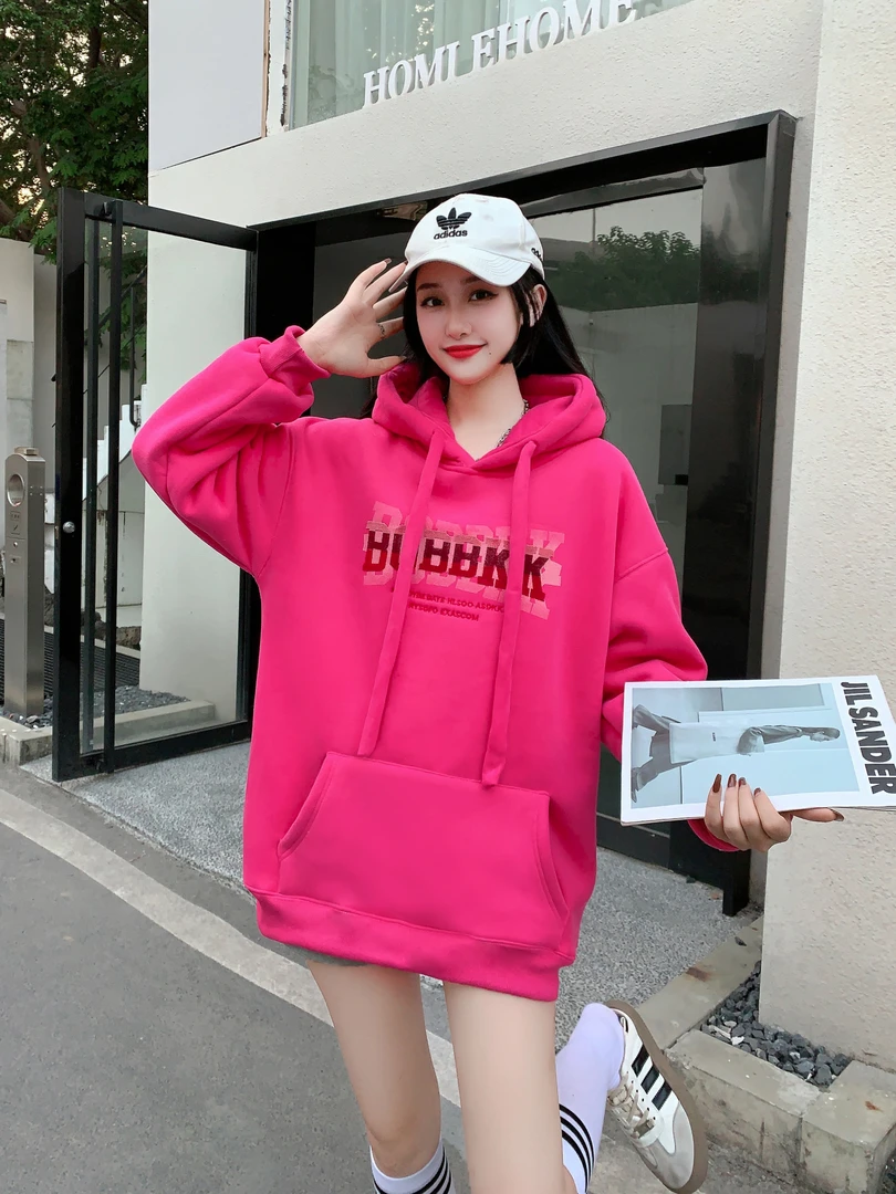 2023冬款加绒加厚字母刺绣连帽卫衣时尚休闲百搭中长款火龙果卫衣