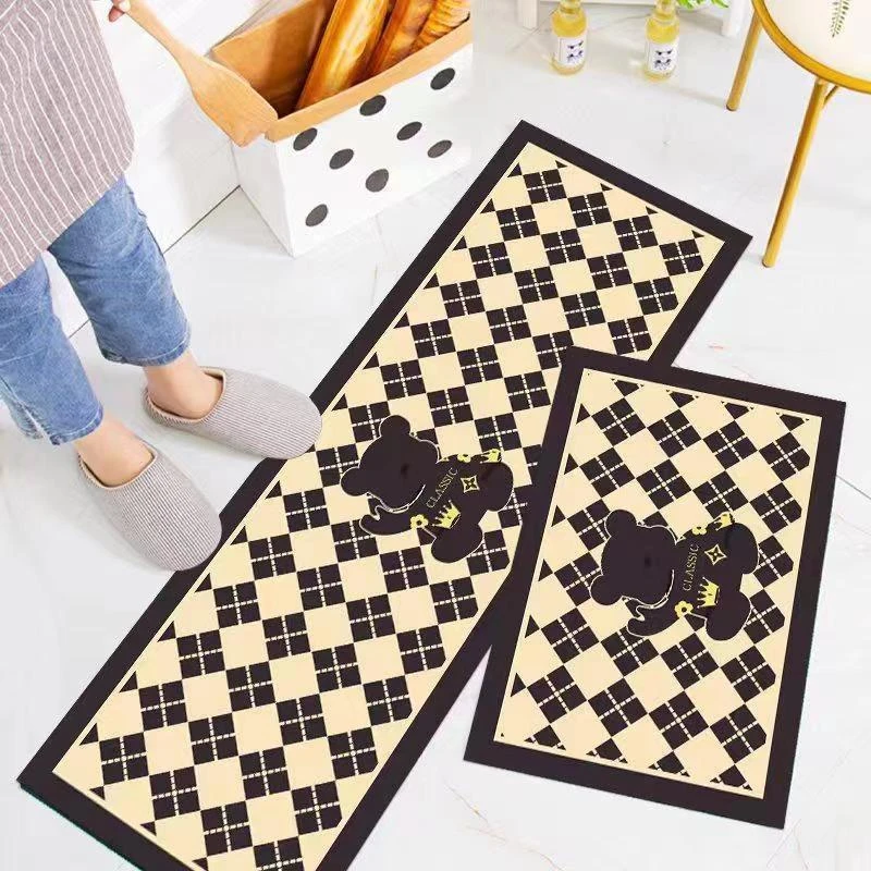 新款卡通小熊厨房套装水晶绒长条地垫