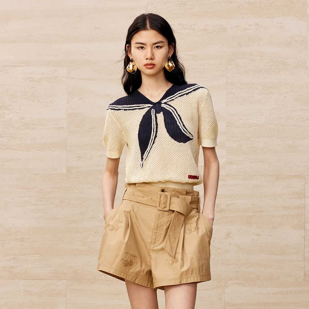 UOOYAA/乌丫夏季经典款「航海」系列海军领蝴蝶结挑洞毛衫T恤9240