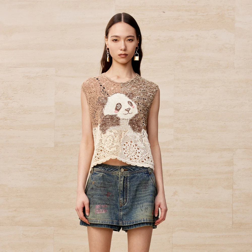 UOOYAA/乌丫「奶奶毛衫」趣味熊猫嵌花针织背心UY24242M111133