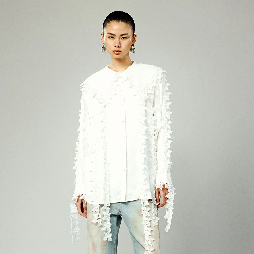 UOOYAA/乌丫「一本正经的人」系列彼得潘领花边衬衫UY24312C135154