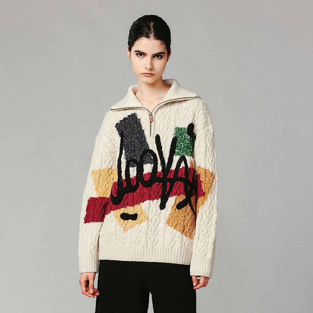 UOOYAA/乌丫冬季经典宽松针织自由涂鸦复古绞花套头毛衫1146