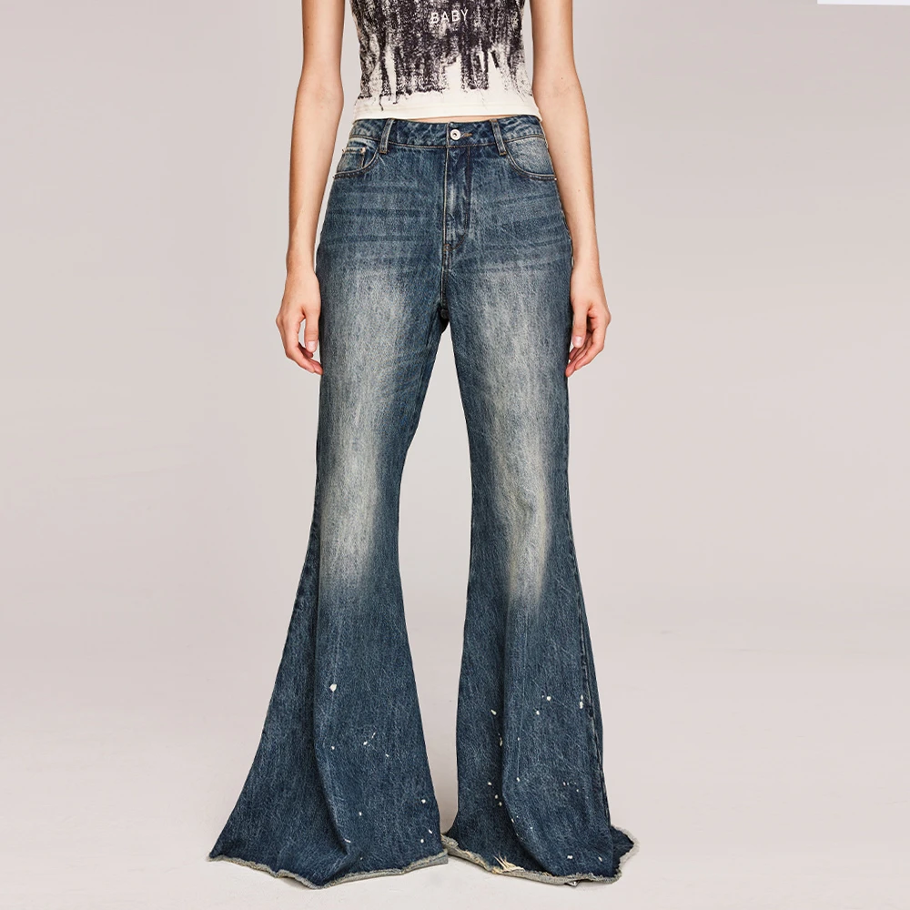 乌丫冬季时尚新款「PANDA BEAR」胶囊系列怀旧风高阶喇叭牛仔裤6291