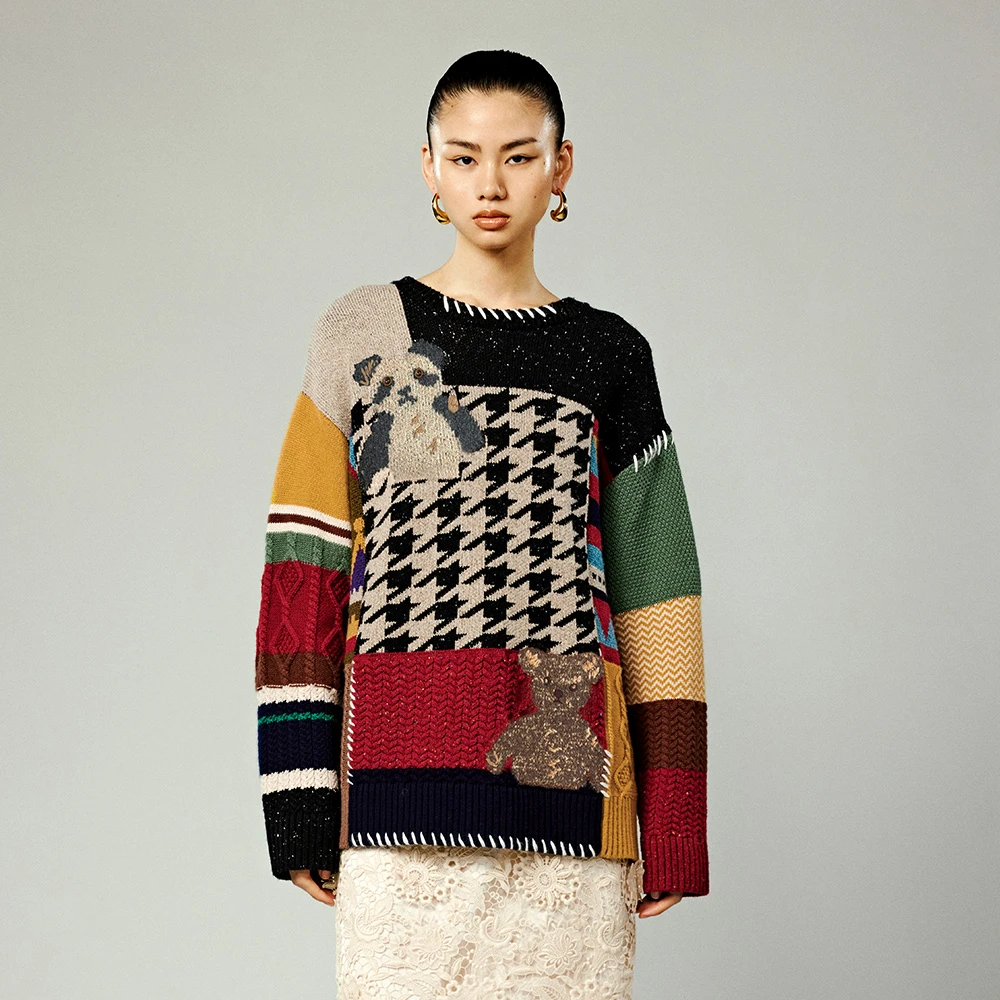 UOOYAA秋季经典款「奶奶毛衫」复古拼布套头奶奶毛衫1141