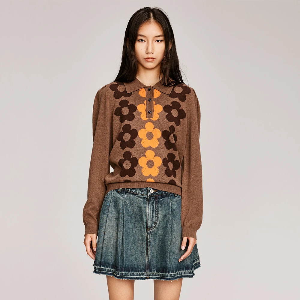 UOOYAA/乌丫冬季经典「Flower Children」系列菱形织花翻领毛衫9430