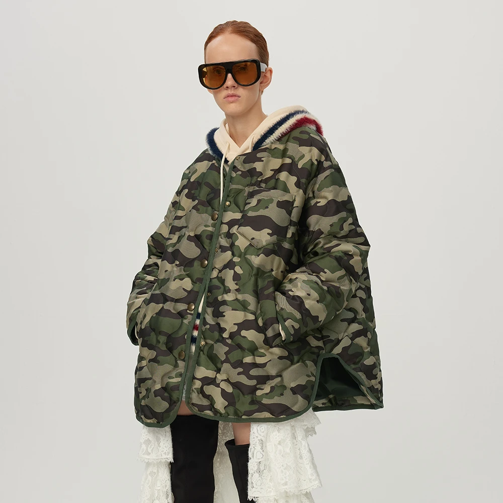 UOOYAA/乌丫简约迷彩无领衬衫廓形羽绒服UY22452Y100248
