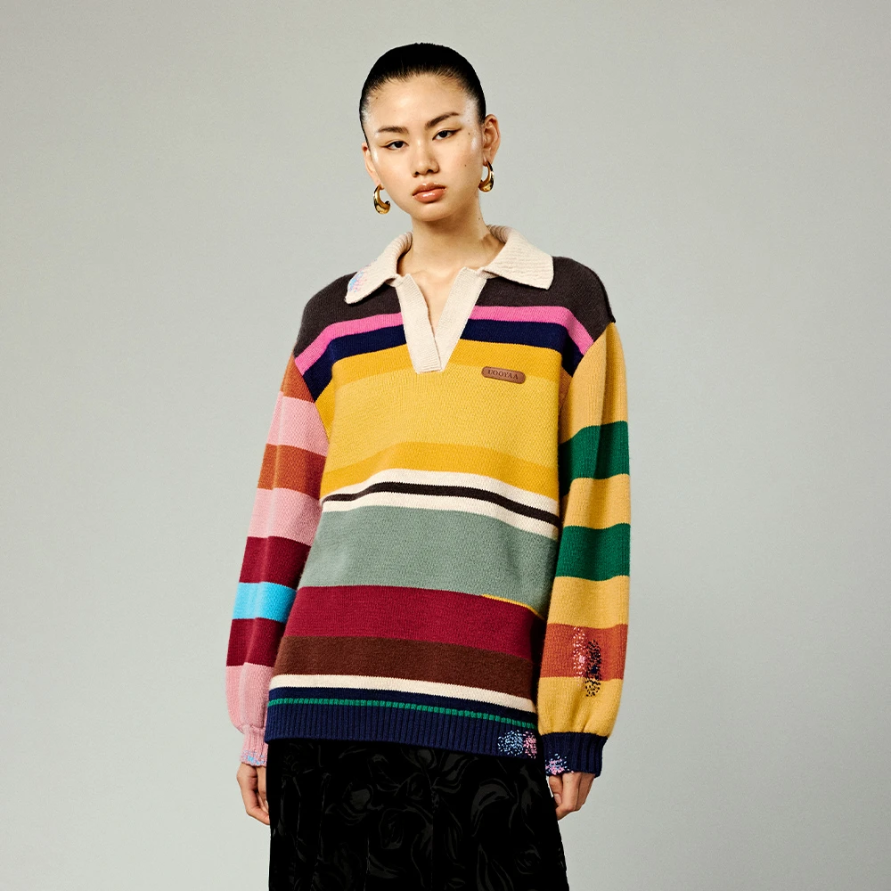 UOOYAA秋季经典款「奶奶毛衫」复古彩色条纹POLO领毛衫1145