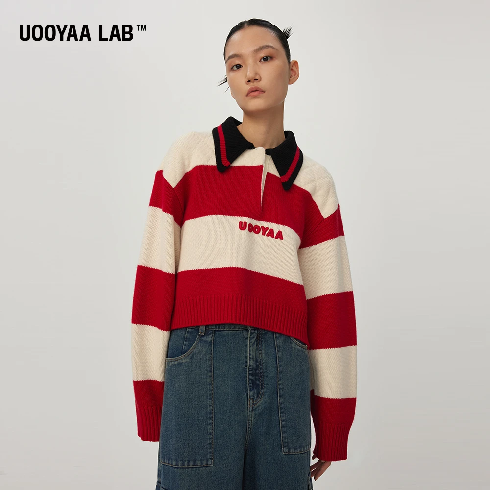 UOOYAA/乌丫秋季红白条纹撞色复古POLO领针织毛衫UL22412M305287