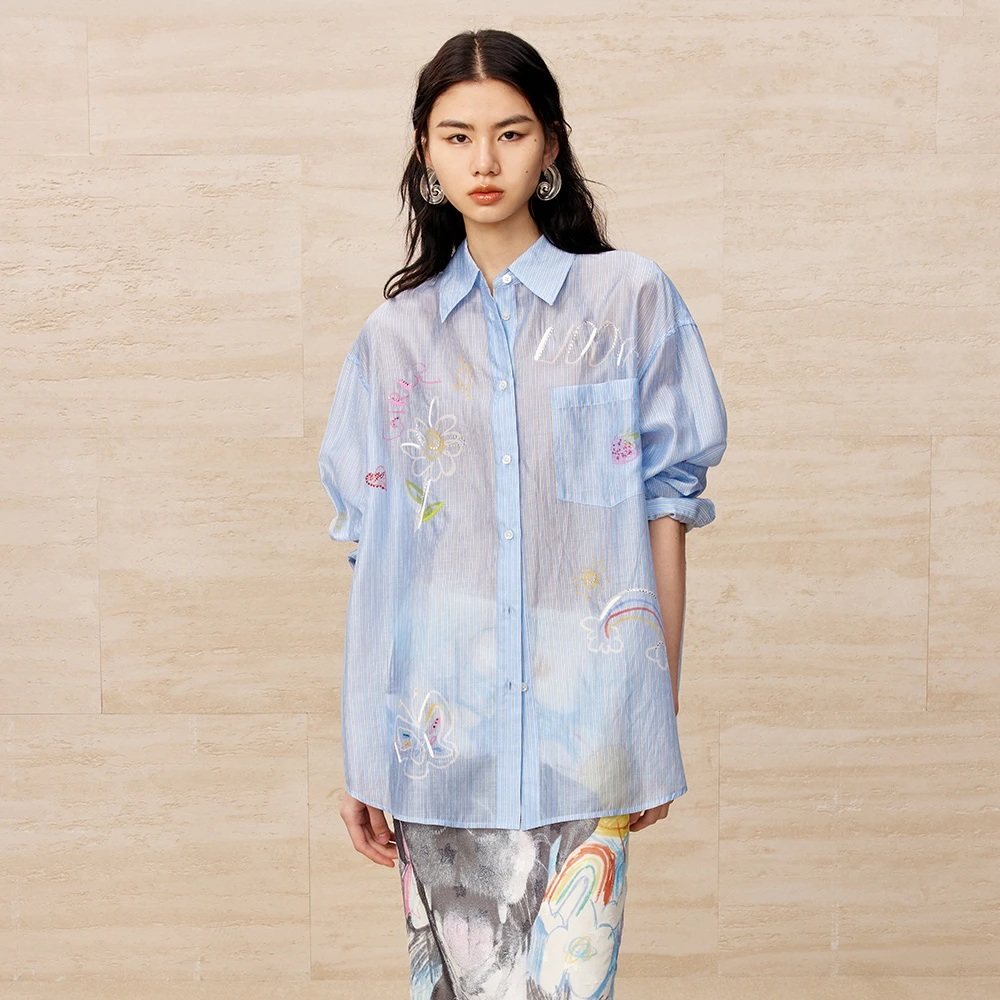 UOOYAA/乌丫2024夏季新款手绘感涂鸦烫钻条纹衬衫UY24252C135157