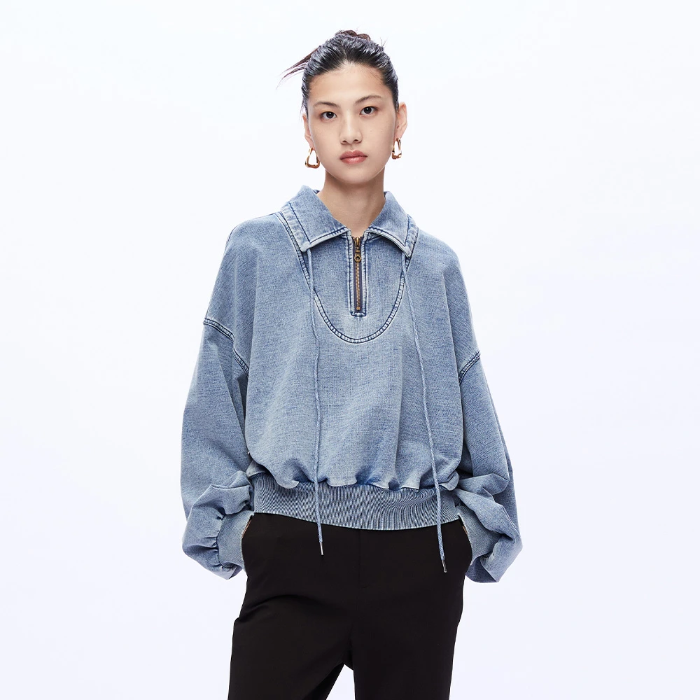 UOOYAA/乌丫复古摩登水洗牛仔针织卫衣套头衫UY22312E109015