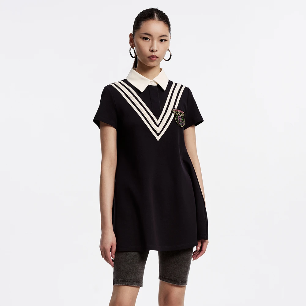 UOOYAA/乌丫夏季经典时尚休闲气质撞色POLO领学院风连衣裙9028