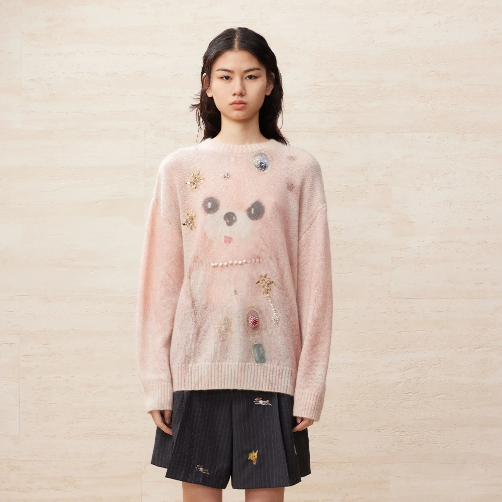 UOOYAA/乌丫春季经典趣味狗狗马海毛钉珠钉钻套头衫9181