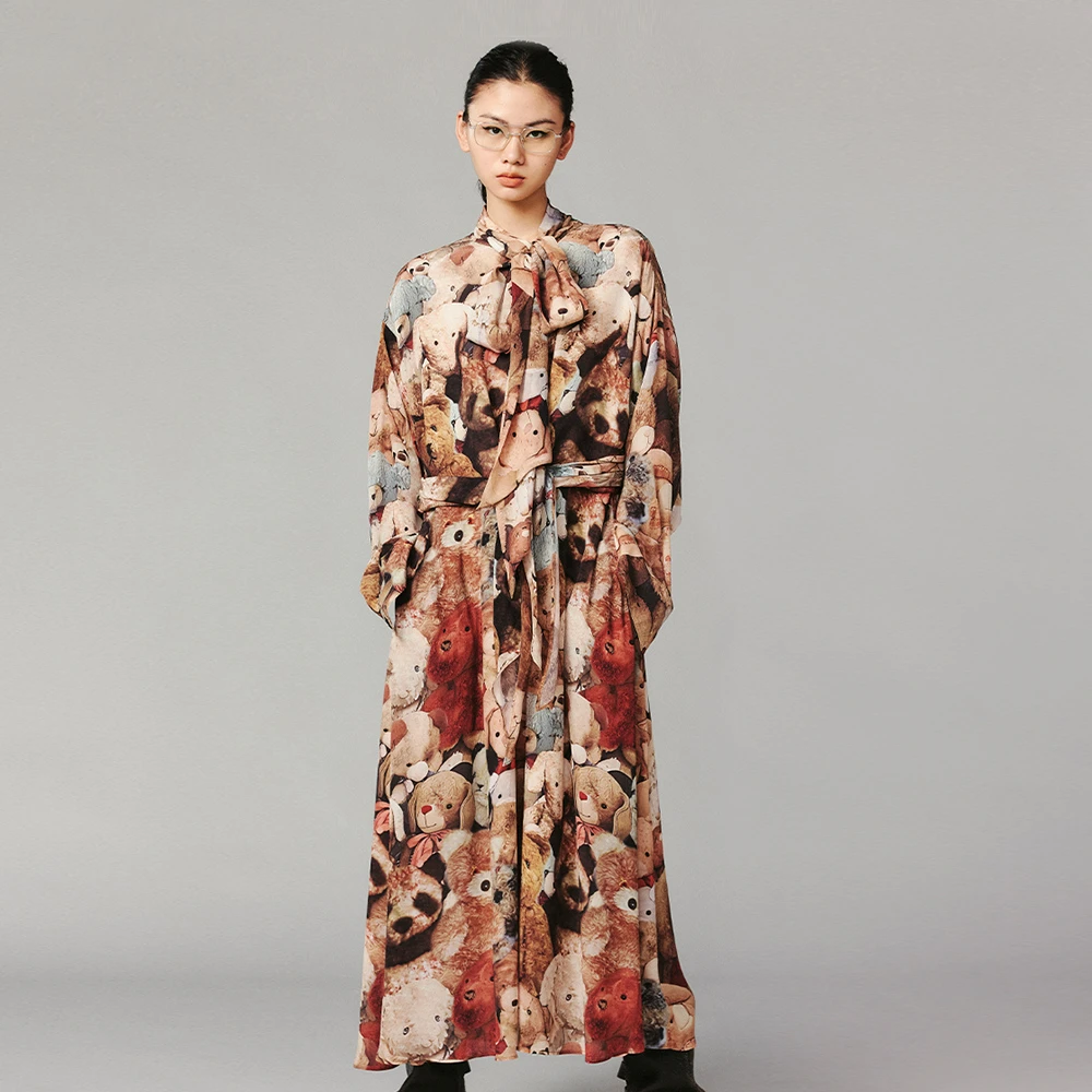 UOOYAA/乌丫冬季经典【熊熊】系列复古玩偶法式飘带衬衫连衣裙9203