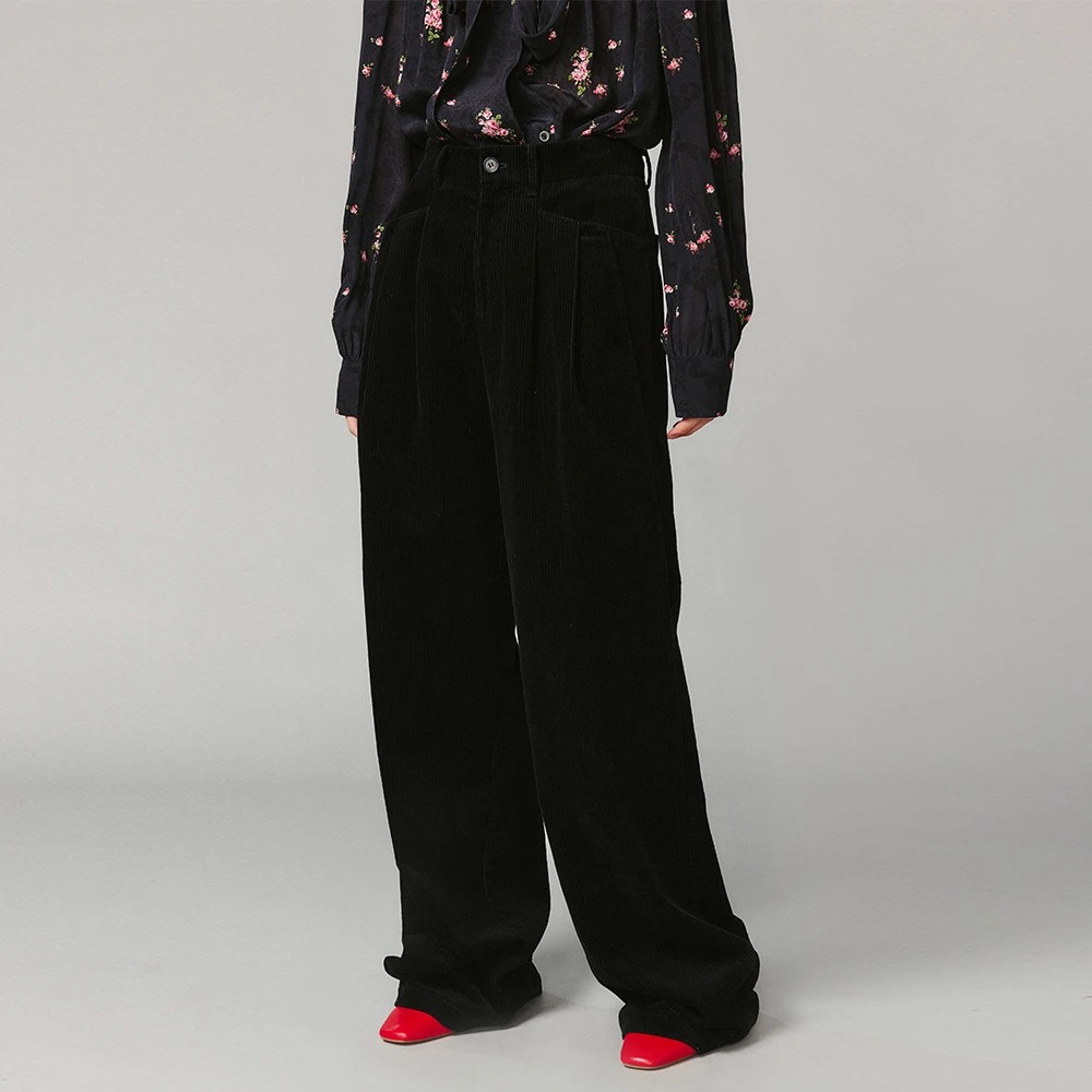 UOOYAA/乌丫灯芯绒双褶阔腿长裤UY24444K199133