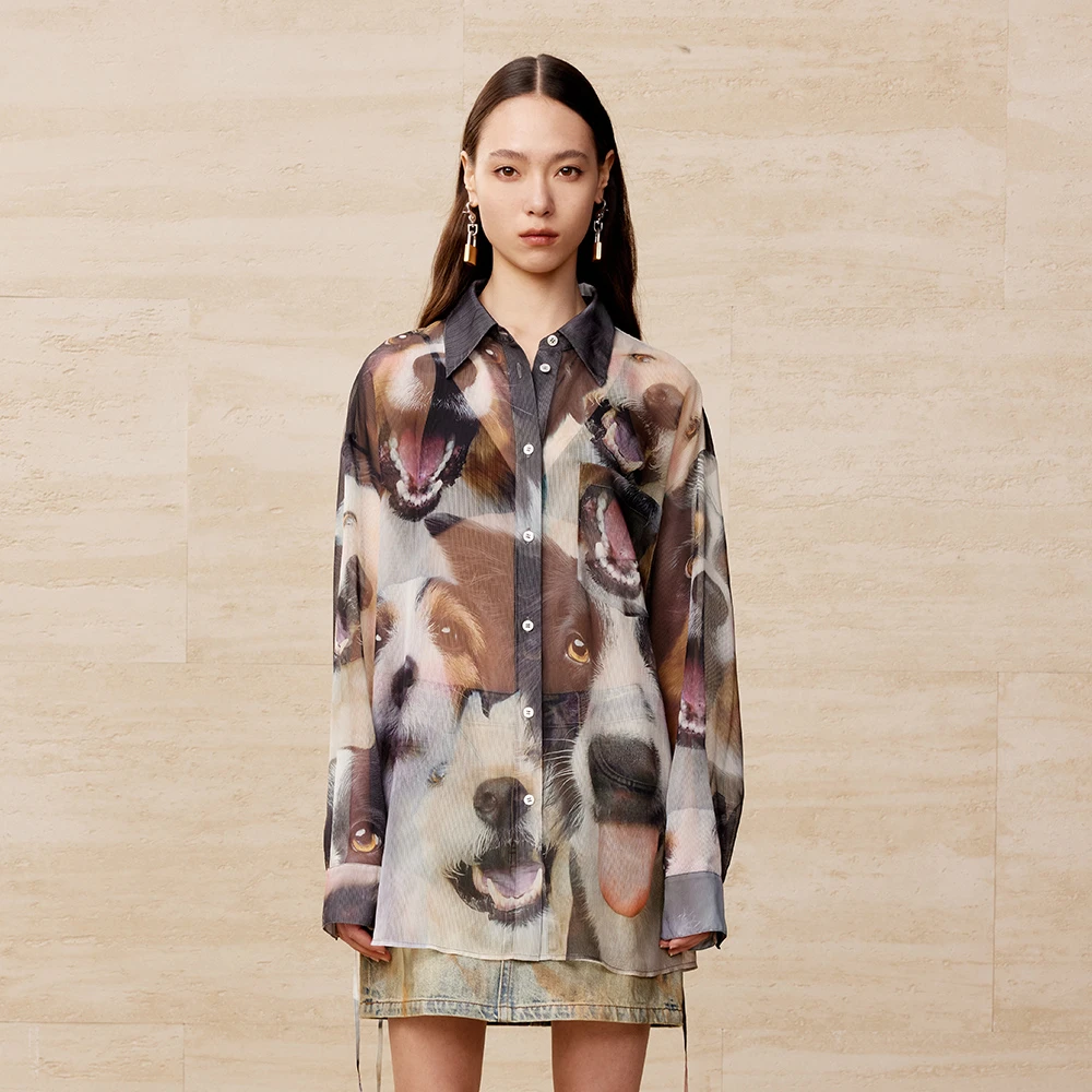 UOOYAA/乌丫轻薄狗狗印花系带衬衫UY24272C109237