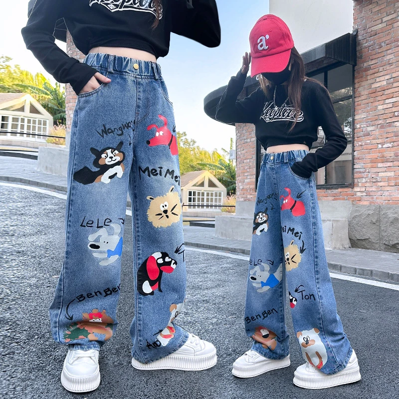 女童裤子春秋2024新款中大童卡通牛仔阔腿裤春季儿童窄版直筒长裤