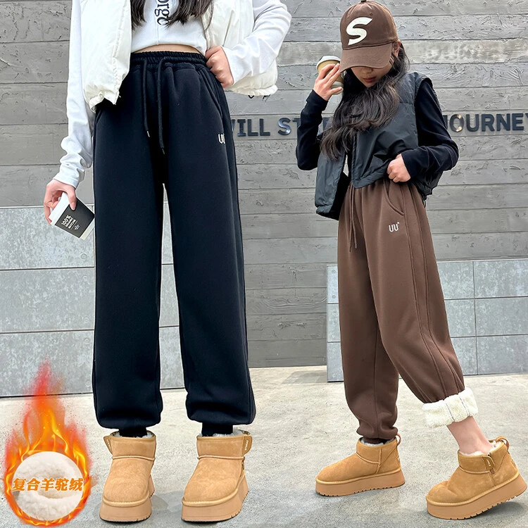 女童加绒裤子冬季外穿保暖儿童秋冬仿羊羔绒加厚休闲运动束脚卫裤