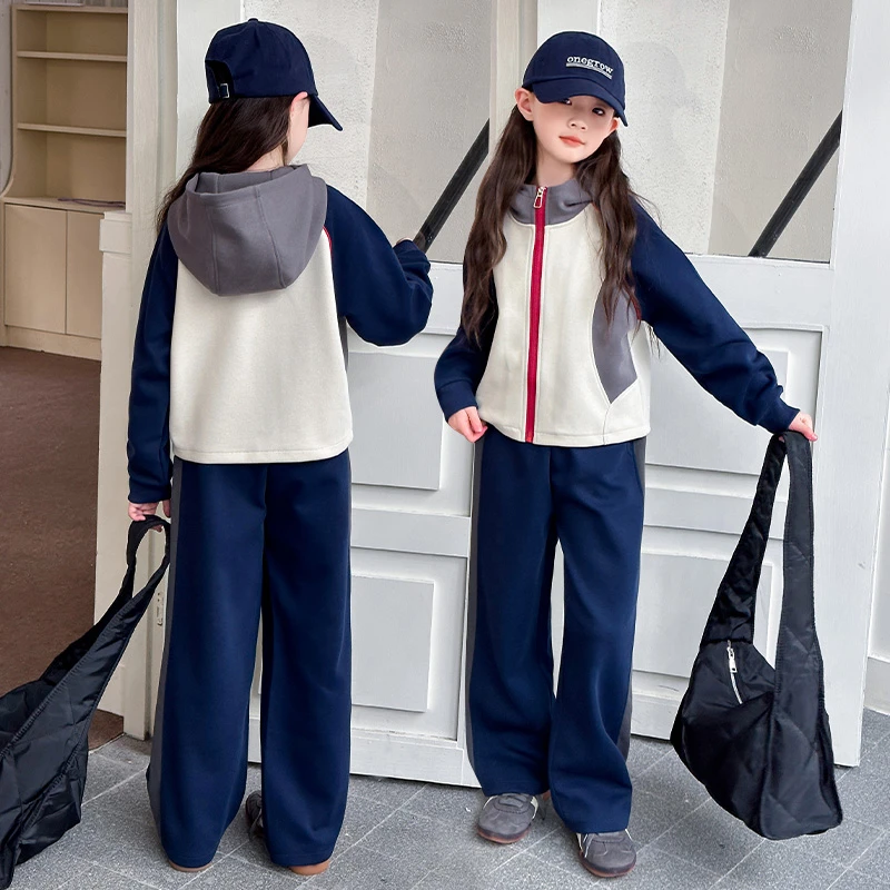 女童春秋套装2024新款大儿童秋季休闲运动女孩连帽拼色拉链两件套