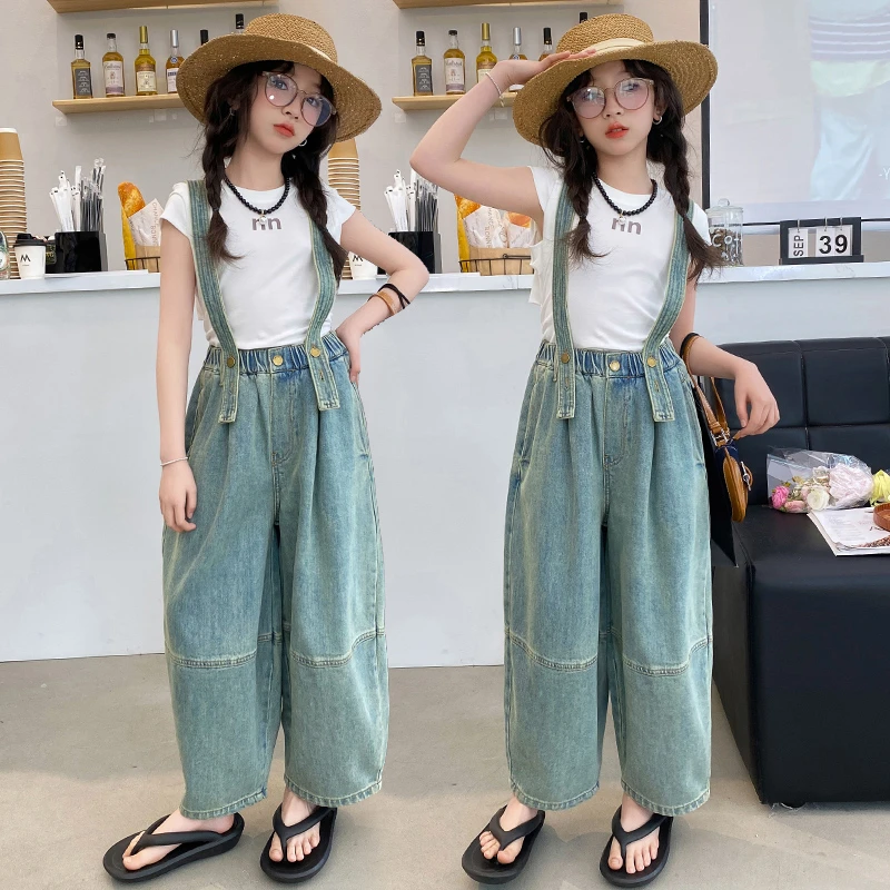 女童牛仔背带裤夏装洋气大童夏季休闲宽松吊带裤儿童薄款裤子套装