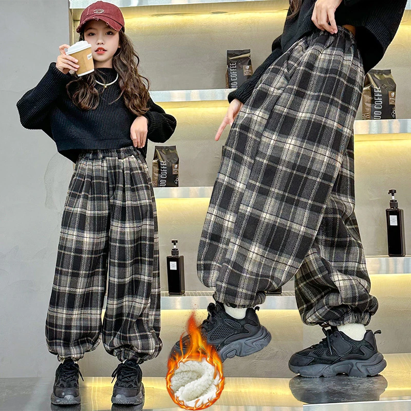 女童加绒裤子冬季大童加厚仿羊羔绒束脚裤儿童冬装格子呢哈伦长裤
