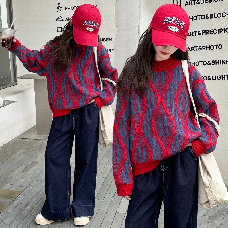 女童毛衣秋冬打底新款大童加厚洋气红色儿童圆领时髦休闲保暖上衣