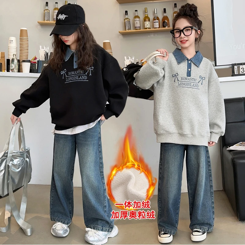童装加绒卫衣秋冬洋气新款大童加厚牛仔领polo衫宽松儿童长袖上衣