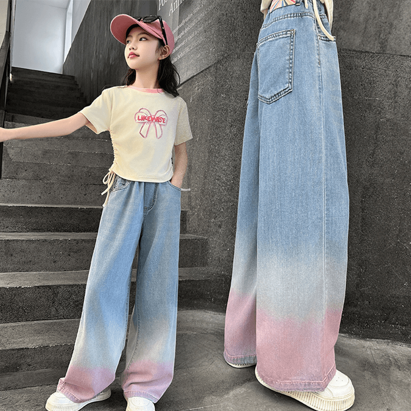 女童渐变牛仔裤夏季2024新款儿童直筒阔腿裤女孩大童夏装裤子薄款