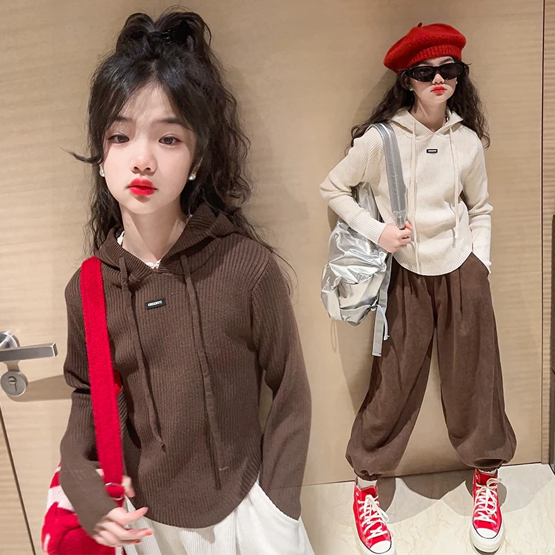 女童秋款连帽针织衫长袖上衣2023新款中大童糖果色毛衣洋气打底衫
