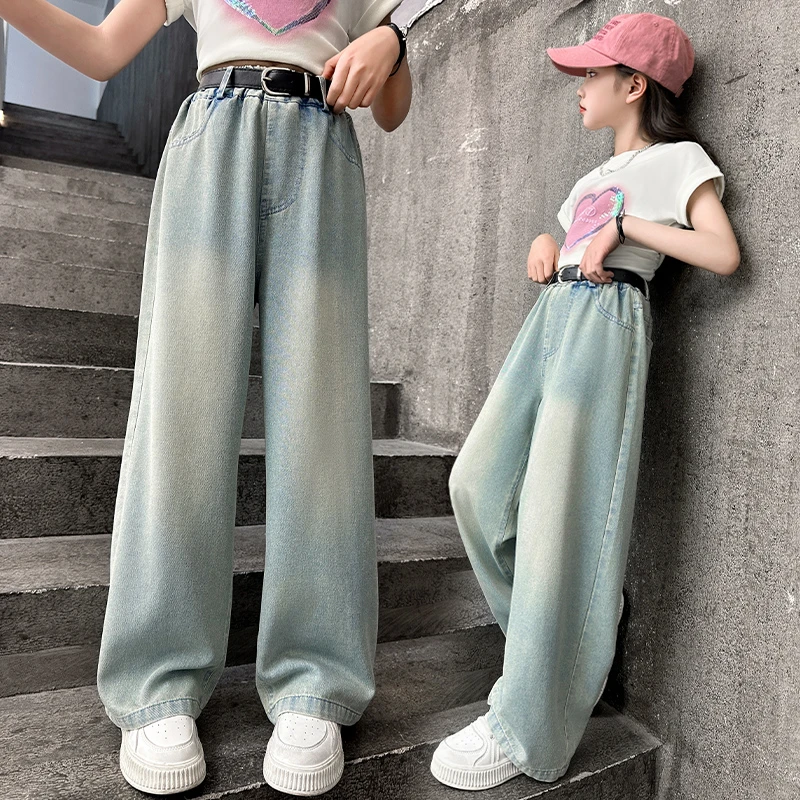 女童牛仔裤夏季2024新款儿童夏款阔腿裤薄款女孩大童夏装直筒裤子