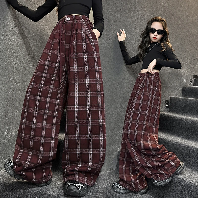 女童格子阔腿裤春秋季2024新款大儿童复古直筒休闲裤女孩休闲长裤