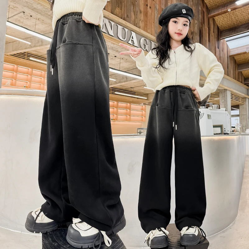 女童裤子春装2024新款儿童阔腿裤加绒长裤休闲直筒裤春季渐变黑色