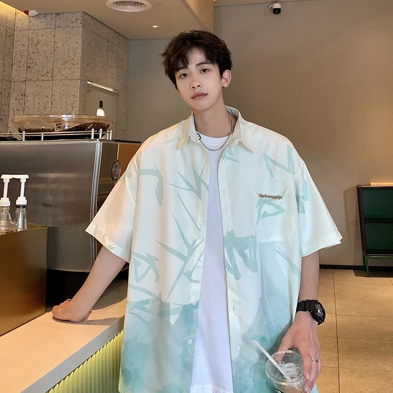 2024夏季港风新中式冰丝速干渐变水墨画宽松短袖衬衫