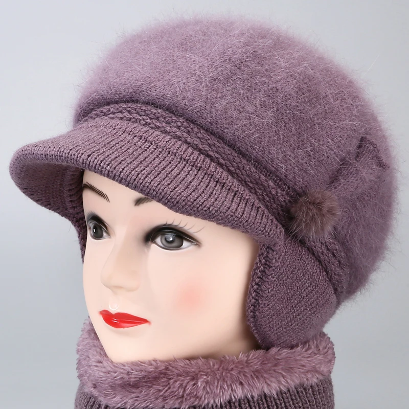 中老年加厚兔毛线帽秋冬妈妈帽子女加绒老年人帽子防寒护耳针织帽